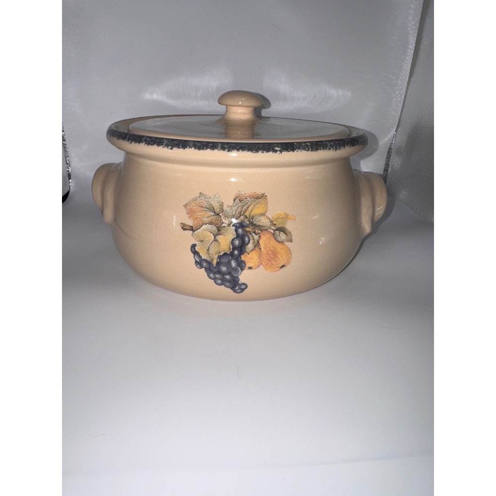 Vintage Ceramic Bean Pot with Lid Fruit Motif Grapes Pearsโ Tan Stoneware Crock